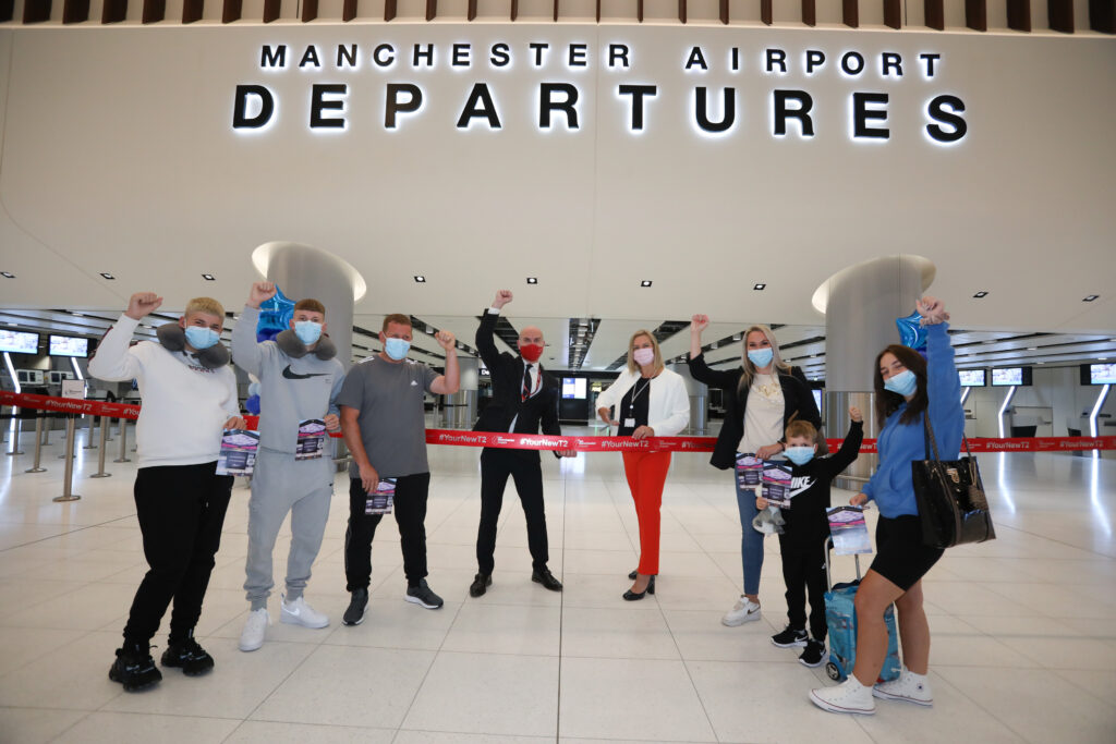 Marc Burns from Jet2 and Karen Smart, Manchester Airport MD joined the Thompson family at the reopening of Manchester Airports new-look Terminal Two