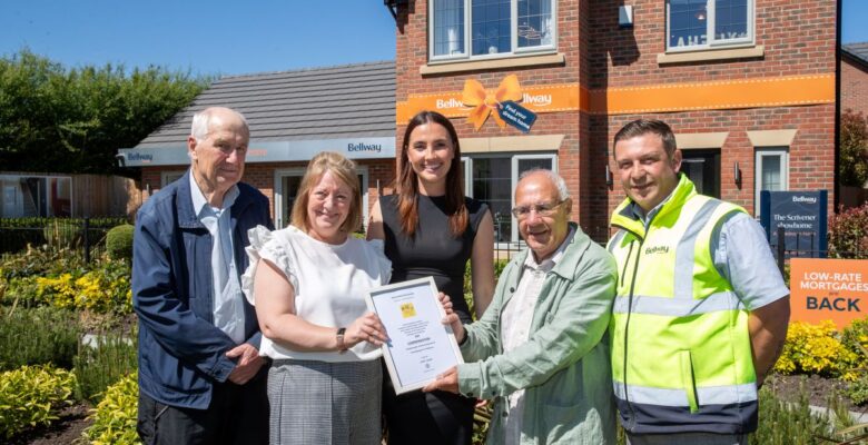 Richard Watson, Lynne Duxbury, Grace Yarlett, Keith Smith, and Richard Burgess at presentation of Macclesfield Civic Society award for Bellway Kings Quarter development